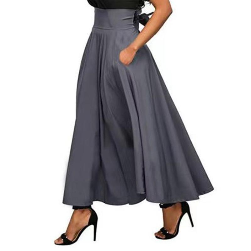 Women's High Waist Gray A Line Pleated Maxi Skirt With Pockets