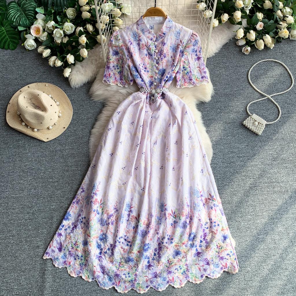 Elegant A-Line Dress for Women High-Quality Embroidery Flower Stand Collar Short Sleeve Fashion Runway Summer Dress Female 2026