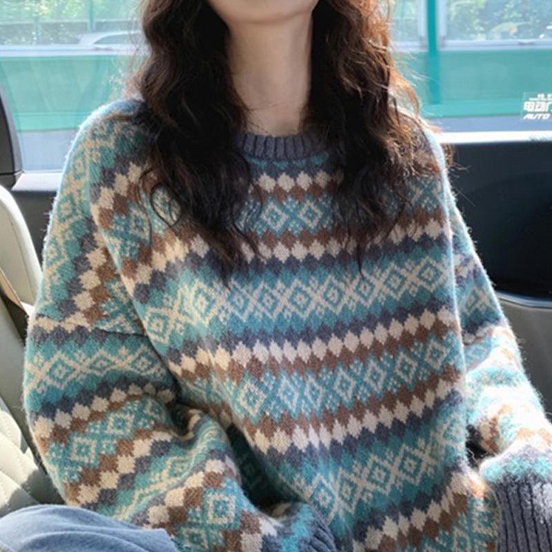 

Женский ретро японский жаккардовый полосатый свитер: Осень/Зима 2024 Пуловер Топ XL (suggested 121-130 jin) синий