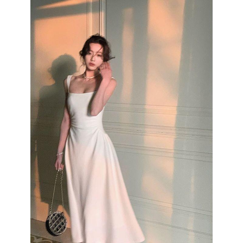 

Korean Style Suspender Dress for Women, New Summer Style, Simple and Elegant, Sleeveless, Waist-Cinching, Slimming Vest-Style Mid-Length Dress White S [Excellent Quality]
