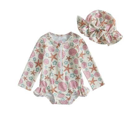Toddler Girls Rash Guard Swimsuit with Hat 2 Pcs Set Shell Starfish Pattern Zip Up Long Sleeve Crew Neck Baby Girls Swimwears