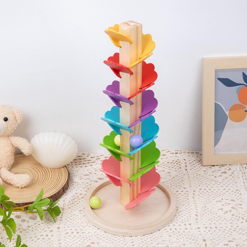 Montessori Rainbow Ball Track Tree: Rotating Leaf Stacker & Musical Wooden Puzzle Toy.