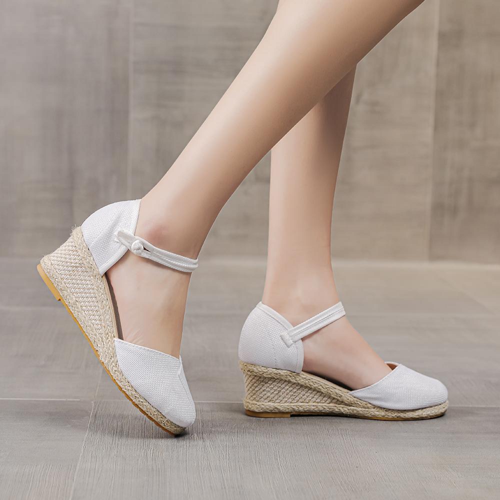 Patchwork Women Linen Wedge Espadrilles Sandals 6cm High Heel Summer Elegant Lady Close Toe Shoes Black Red White Beige