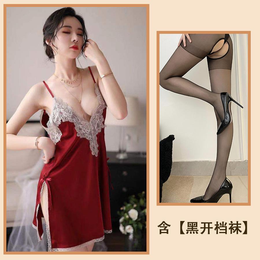 Sexy spodní prádlo Ledové hedvábí Svádění Sexy rozparkové pyžamo Květiny rozpustné ve vodě Duté podvazkové pyžamo Domácí Velká velikost Ženy