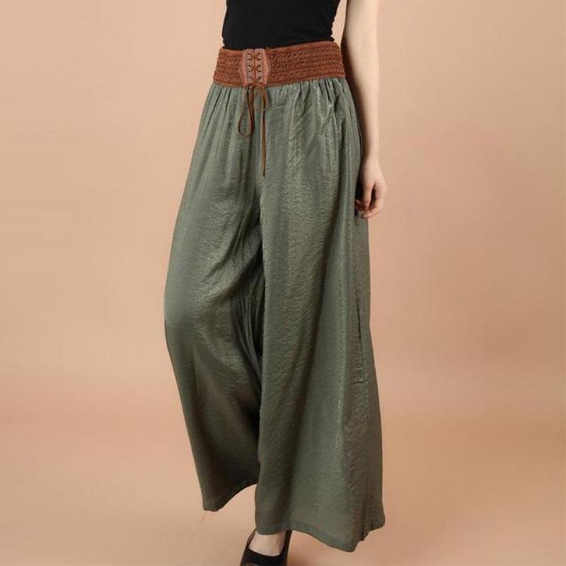 Plus Size Wide Leg Trousers Vintage High Waist Belt Causal Bandage Women's Pants Casual Large Size Pantalon Femme