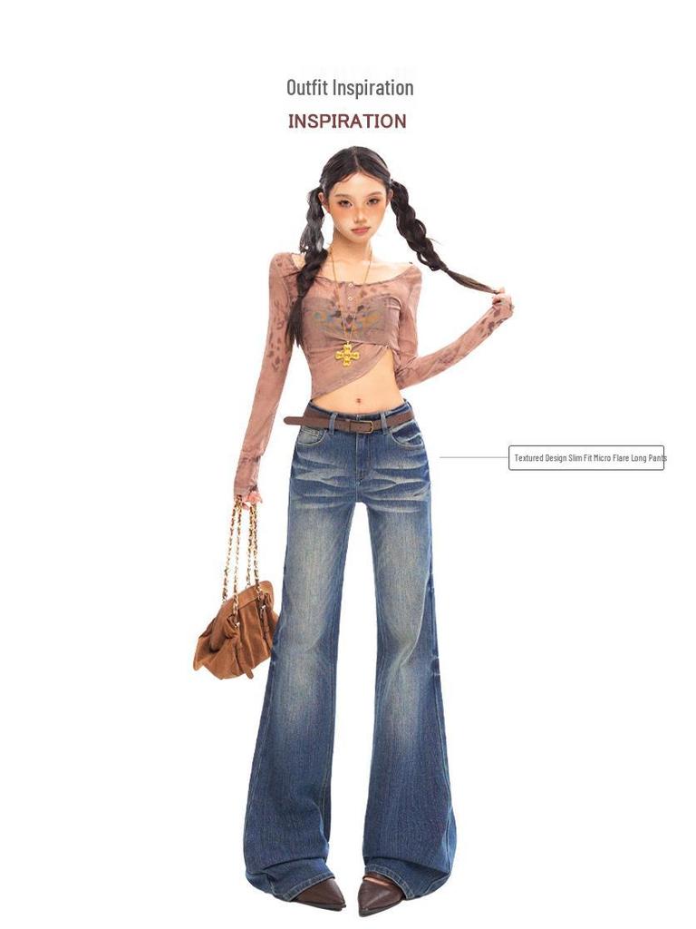 2025 Autumn/Winter Slimming Dark Blue-Gray Micro-Flared Jeans for Tall Women with Versatile Pattern