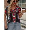 2025 Hot Selling Europe America Women's T-shirt Summer Bohemian Printed V-neck Short Sleeve Loose Casual Vacation Daily Top