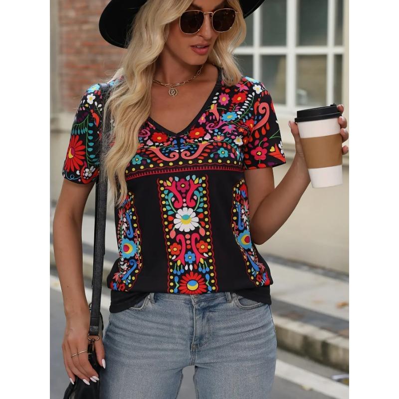 2025 Hot Selling Europe America Women's T-shirt Summer Bohemian Printed V-neck Short Sleeve Loose Casual Vacation Daily Top