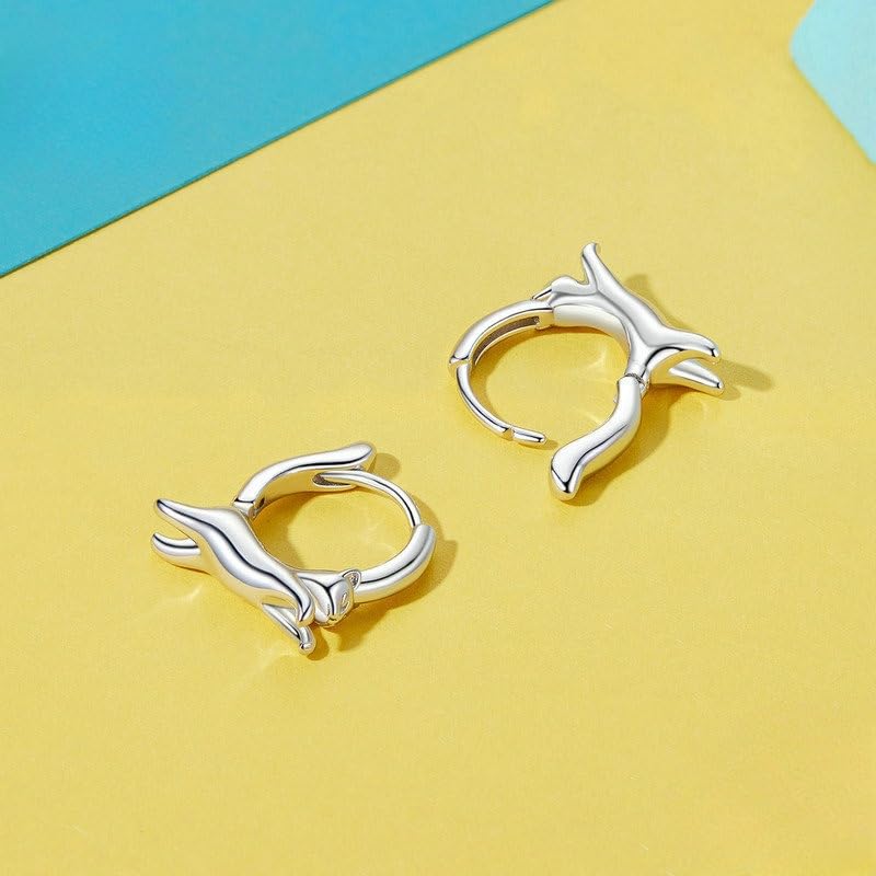 Rockyu Earrings and Rings for Silver Cat Animal Gift Women, Small, Set, 925, Casual, Cute, Earrings, Hoop, Motif, Birthday, Lover's Day, (Cat)