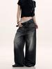 Yongfang Retro Wide-Leg Jeans - Unisex Black/Gray Distressed, Whiskered, Slimming 3D Straight Fit