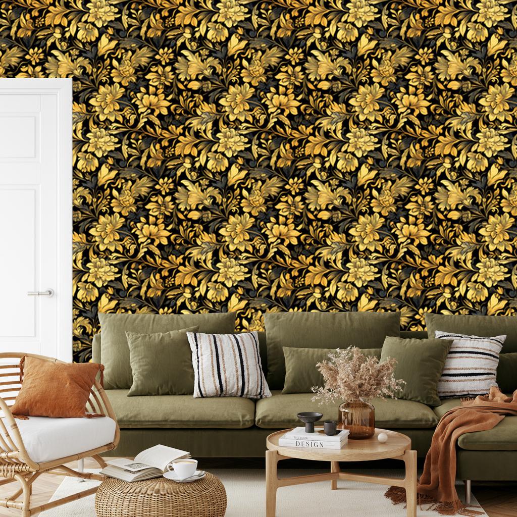 Golden Hibiscus Ochre Wallpaper, Fine Detail for Living Room and Bedroom 50x1000