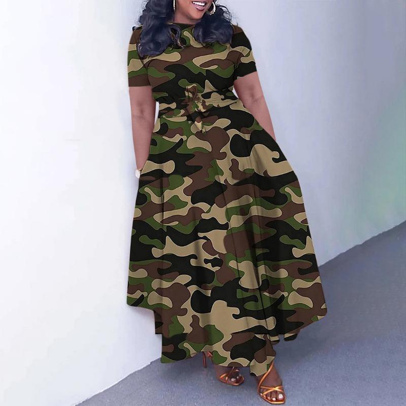 Women Fashion Plus Size Short Sleeve Lace Up Mid Length A Line Dress