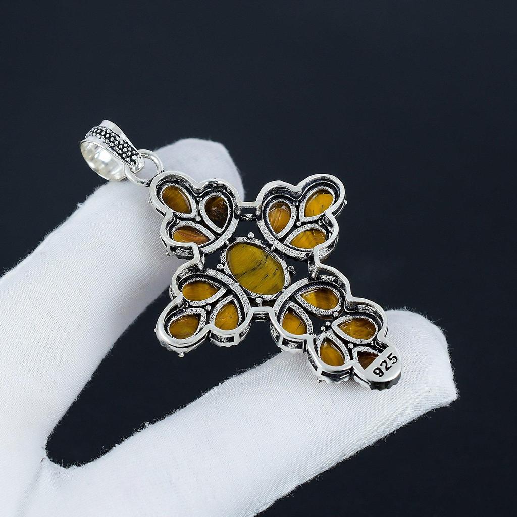 Natural Tiger Eye Gemstone Silver Cross Pendant In 925 Sterling Silver - Handmade Pear Design, Everyday Wear Jewelry Party Wear Gift