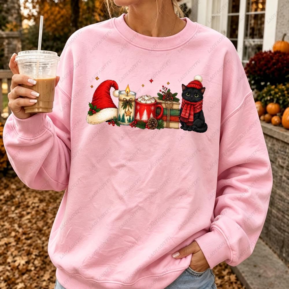 Christmas Black Cat Graphic Sweatshirt Women Autumn Winter Santa Hat Candle Coffee Print Loose Casual Pullover Streetwear