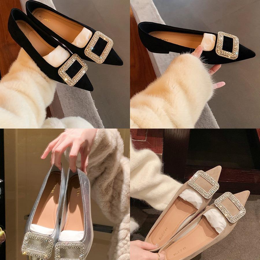 Korean drama heroine~ exquisite flash diamond square buckle temperament pointed head shallow mouth flat shoes low thick heel French celebrity single