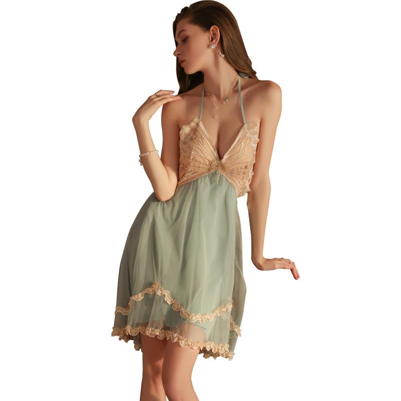 Women's Lace Sheer Deep V Padded Backless Sleep Dress with Robe Lounge Set