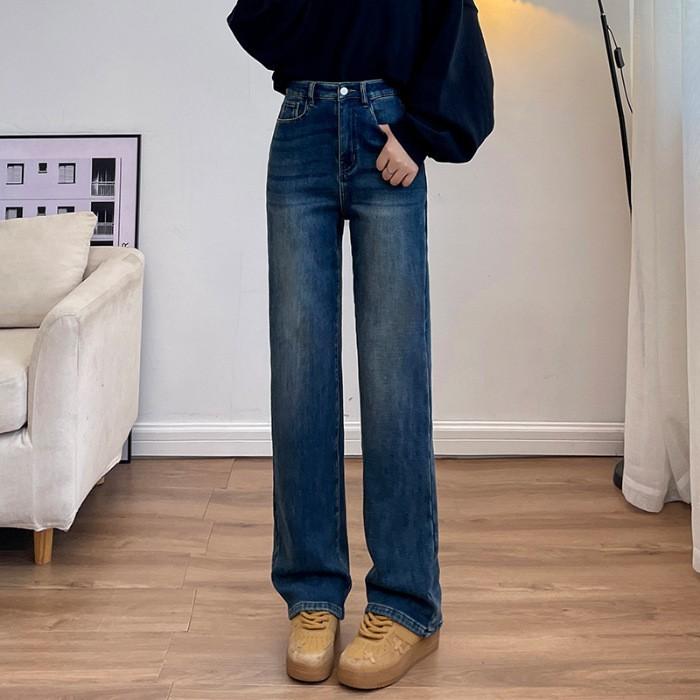 Women's High Waist Straight Leg Jeans Slim Wide Leg Denim Pants Elegant Solid Thick Denim Trousers
