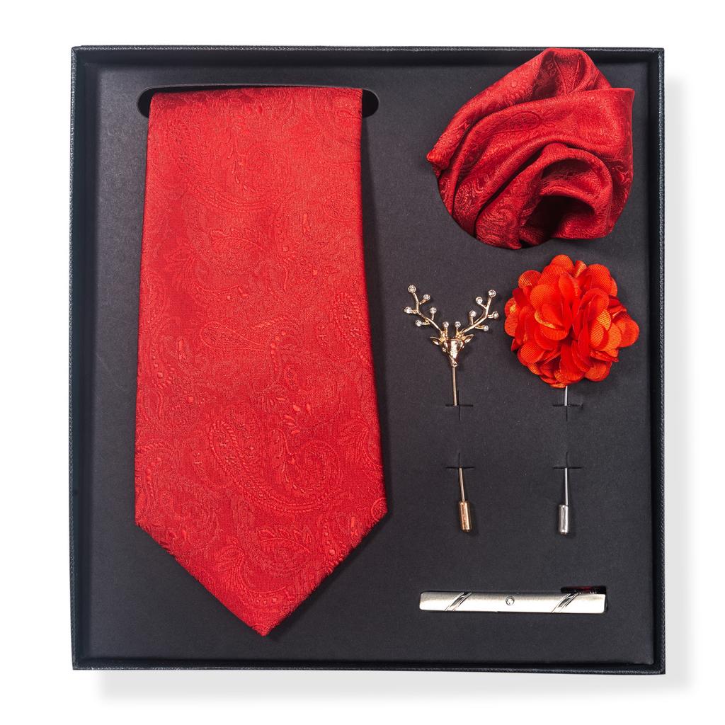Tie Men'S Trend Net Color Striped Cashew Nut Tie 6-Piece Gift Box Square Scarf Tie Clip Corsage Set