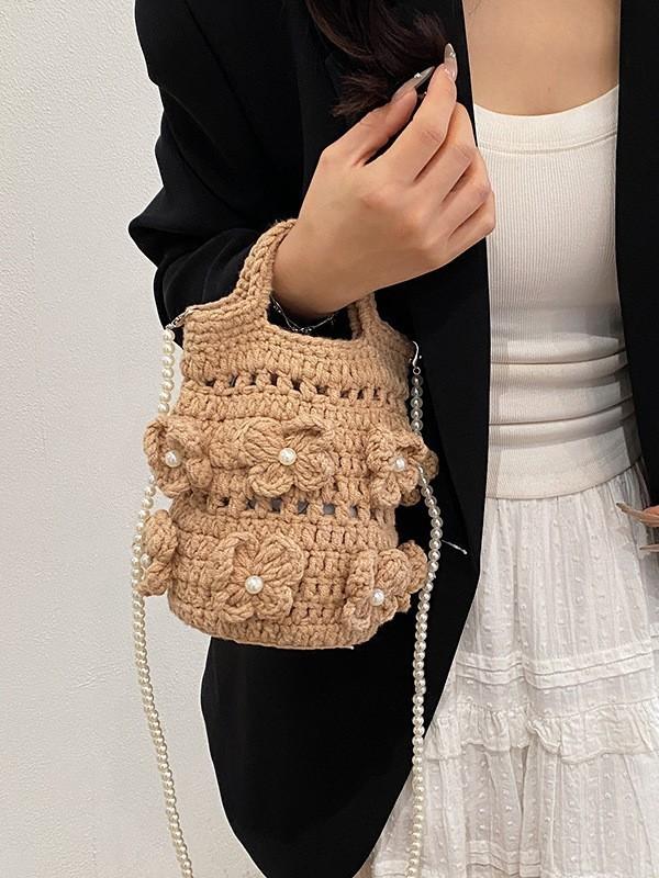 Handwoven Knit Bucket Bag For Daily Use With Splicing And Hollow Design
