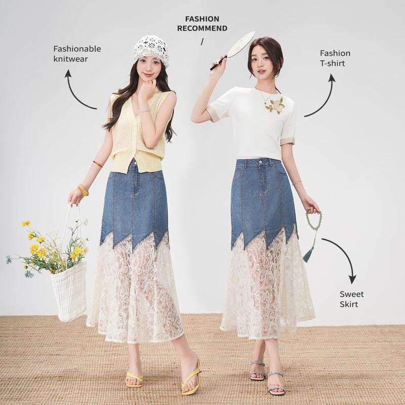 Bailuyu Color Block Denim Midi Skirt with Lace Hem S