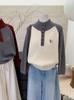 Women's Stand Collar Thick Embroidered Wool Sweater - Autumn/Winter Knitwear with Color Block and Small Horse Logo