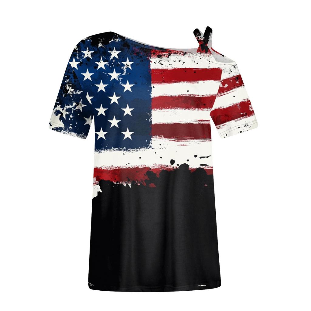 Women's Fashion Casual Independence Day Print Sexy Cold Shoulder Short Sleeve T-shirt Top