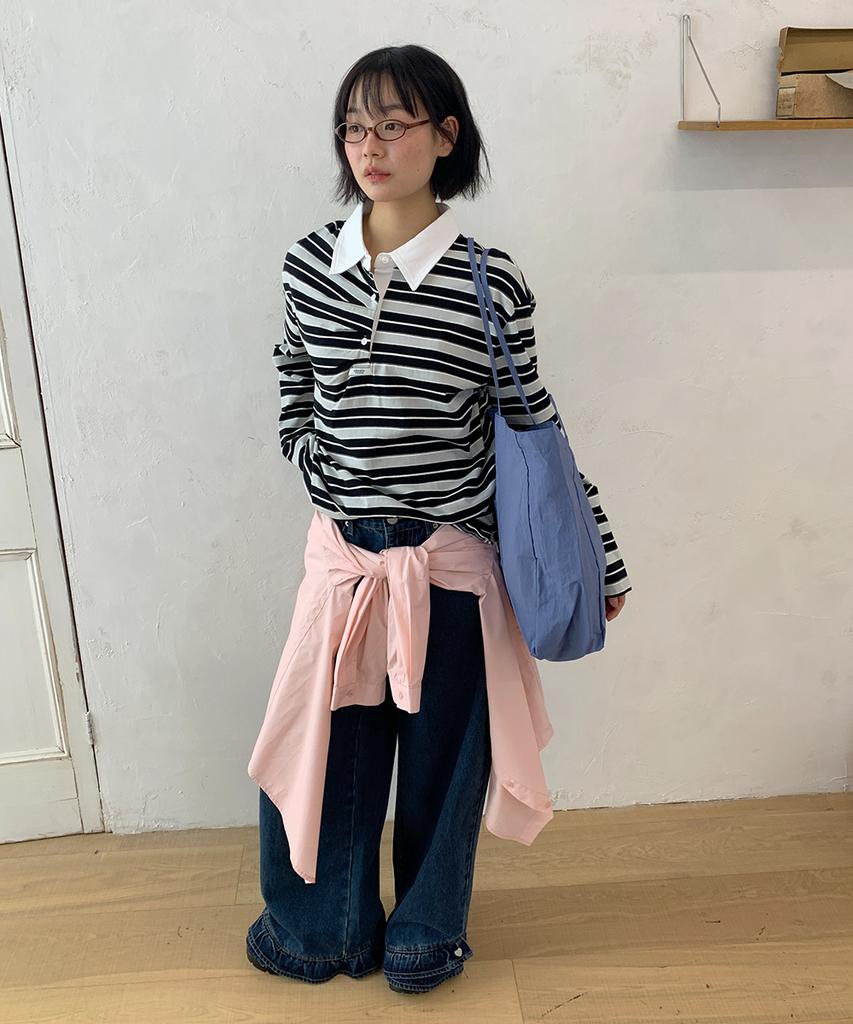 RONRON Double Shirring Stripe Collar Long Sleeve Black