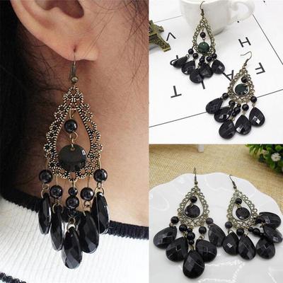 Boho Women Party Jewelry Hollow Water Drop Beads Long Dangle Hook Earrings Decor AVE