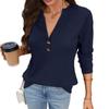 Damen Unifarben V-Ausschnitt Knopf Waffelstrick Langarm Locker T-Shirt