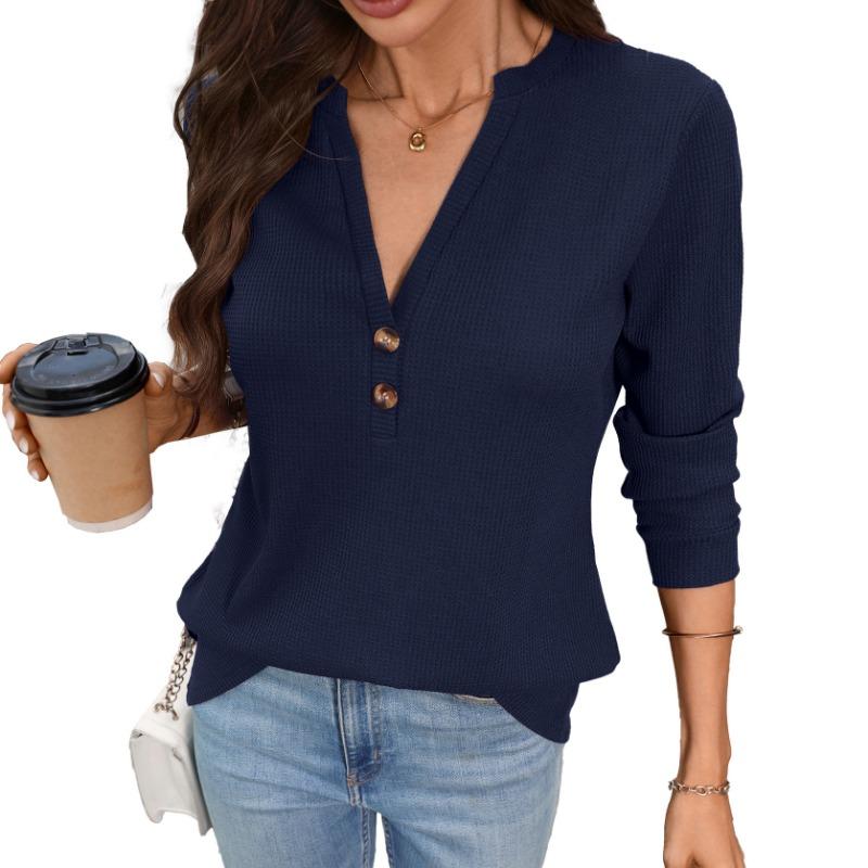 Damen Unifarben V-Ausschnitt Knopf Waffelstrick Langarm Locker T-Shirt
