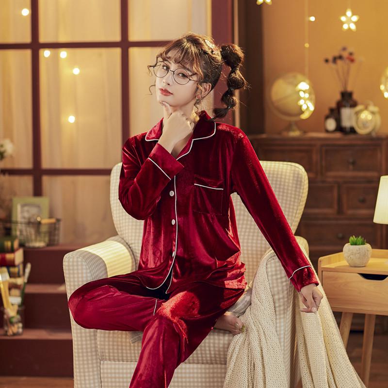 Couple's Gold Velvet Pajamas: Thin Fleece Two-Piece Set for Women & Men - Long Sleeve, Solid Color, Perfect for Spring & Autumn Homewear