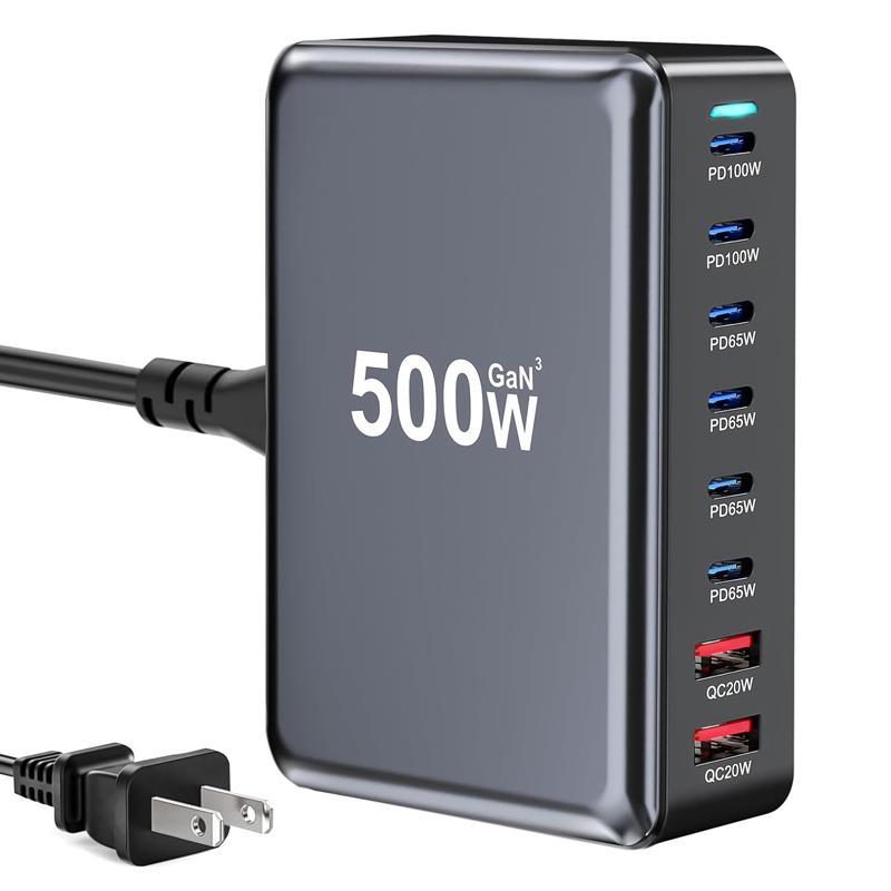 500W GaN PD 3.0 6-Port 2A Multiport Super Fast Charging Station for Laptops & Phones USB-C Desktop Charger EU