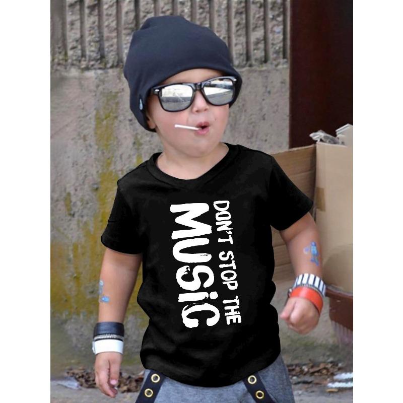 

European Size Boys Round-neck Short-sleeved T-shirt with English Music Pattern Print 98cm чёрный