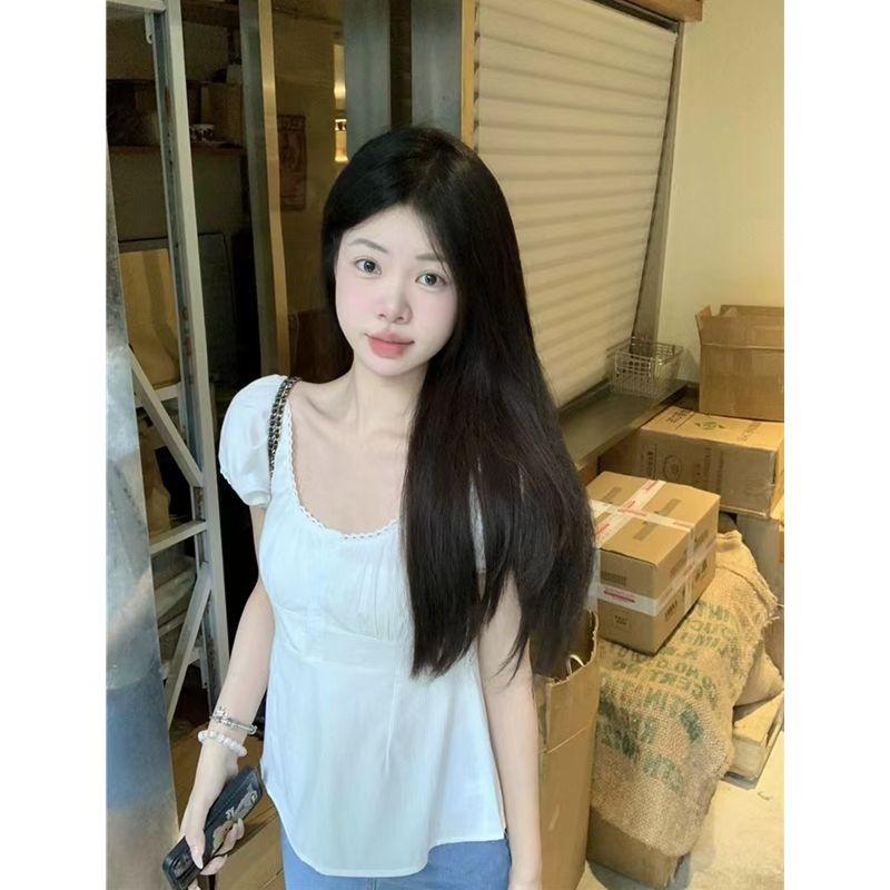 Women's White Square Neck Blouse Short Puff Sleeve Ruffled Trim Button Front Slim Fit Peplum Hem Casual Daily Fashion Top