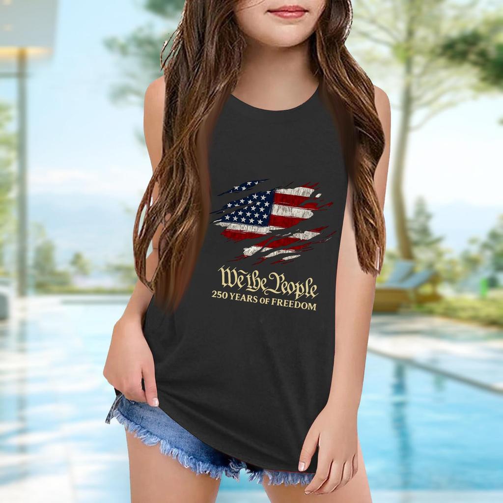 Girls  Kids Summer Crewneck Sleeveless Shirts Tank Tops Independence Day