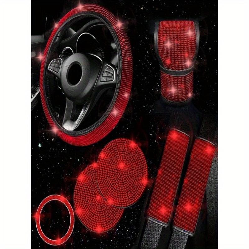 7pcs/Set Faux Crystal Car Steering Wheel Cover, Gear Shift Knob, Seat Belt Pad, Cup Holder Coaster, Start Button Decorative Ring