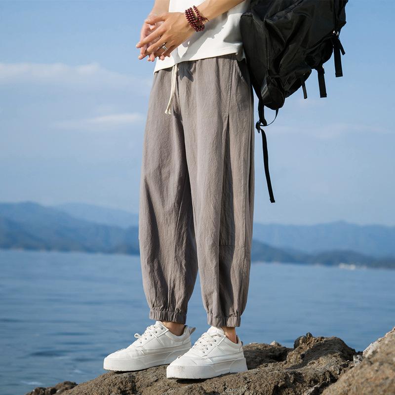 Spring and summer men's and women's casual pants men's Harlan pants cotton and linen new Chinese thin loose tied nine-point pants men's