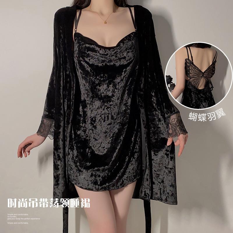 Women's Velvet Butterfly Cowl Neck Cami Sleep Dress with Robe for Fall Winter