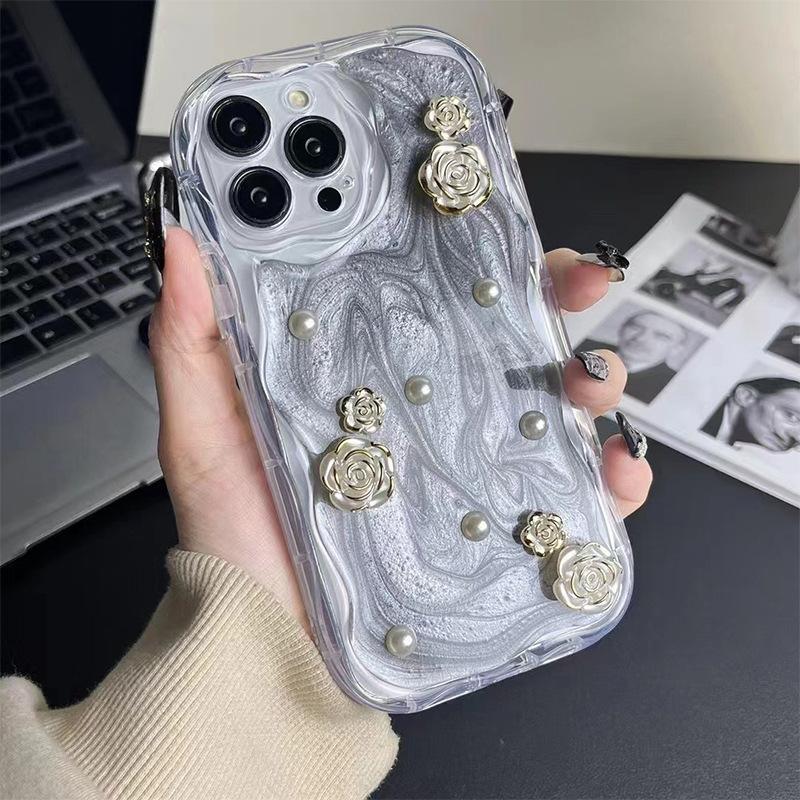 Epoxy Flower Pearl Mobile Phone Case For Iphone17Promax Silver Gray Cream Wind Apple 14 Soft All-Inclusive
