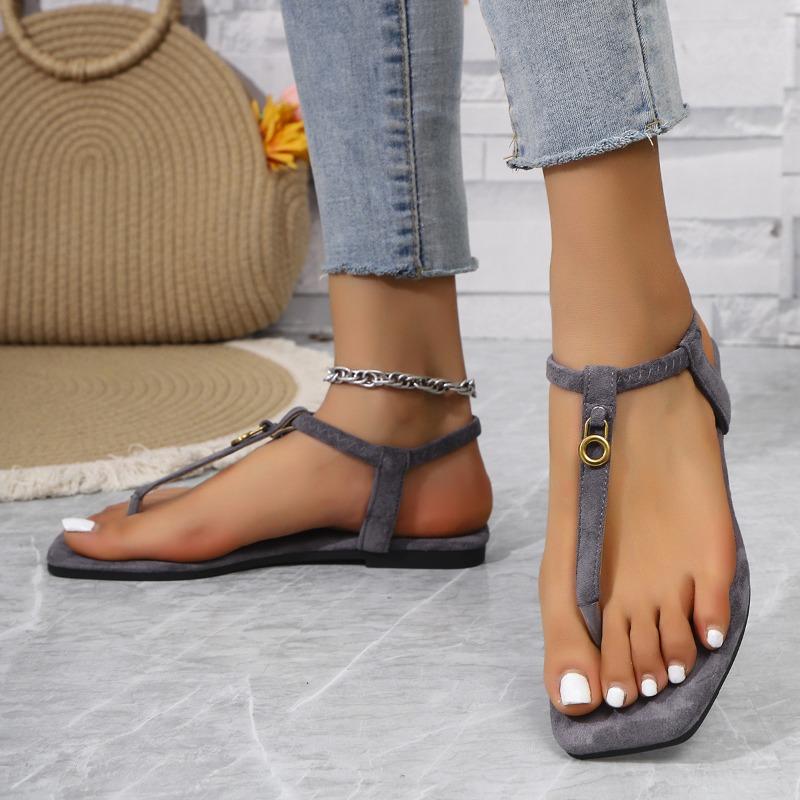 Damen Zehentrenner Sandalen Flach Metallische Schnalle Offene Zehen Römische Strandschuhe