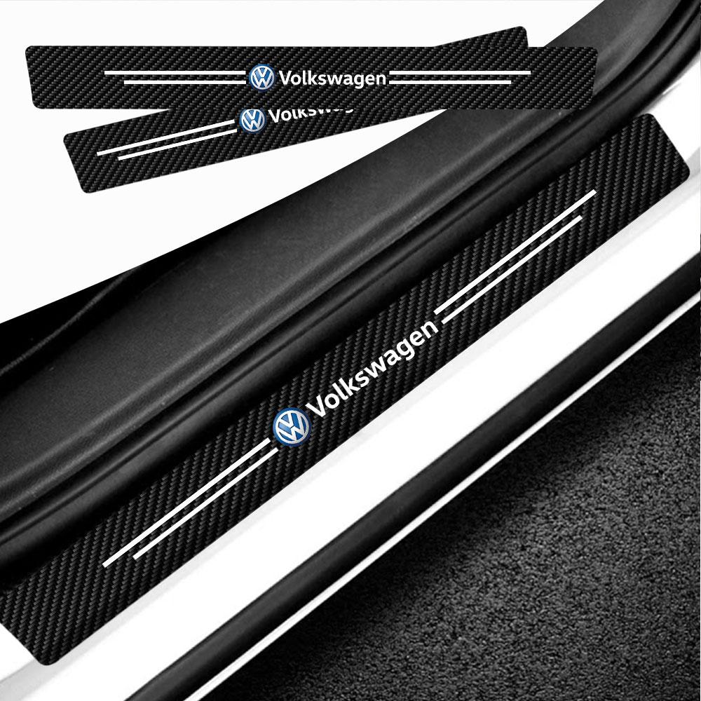 4PCS Car Door Sill Protector Plate PU Leather Carbon Fiber Threshold Anti-Scratch Bumper Valve Cap for VW Rline Golf 6 Beetle CC