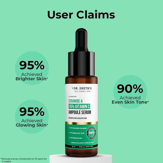 Dr. Sérum ampoule non irritant aux céramides et à la vitamine C 15 % de Sheth | Réduit le teint terne et les taches brunes | Répare la barrière cutanée | Tous types de peau | 30 ml