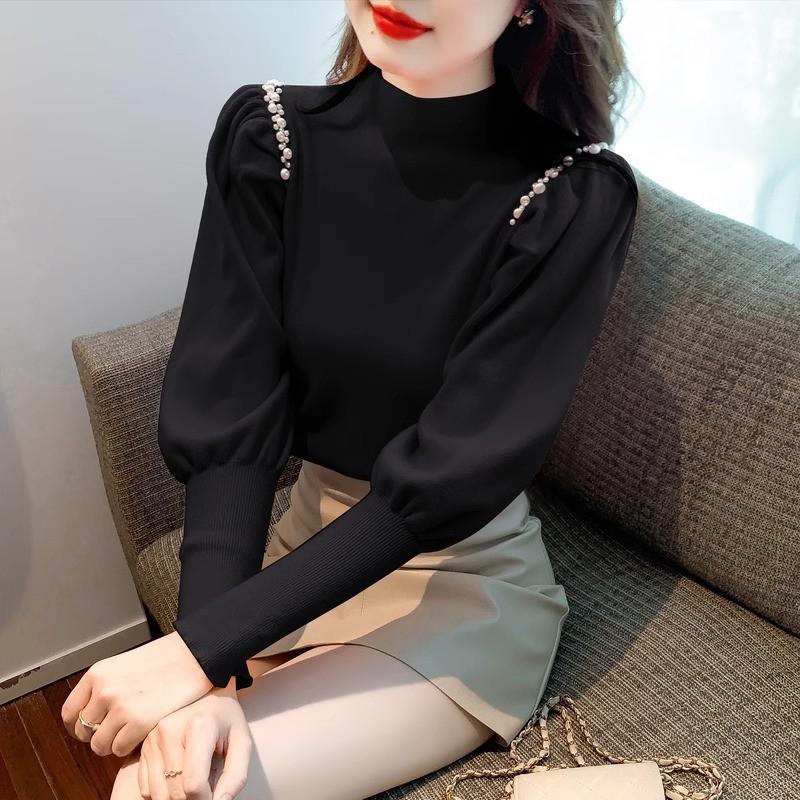 Womens Half Turtleneck Knit Sweater Solid Color Lantern Sleeve Slim Fit Top Winter