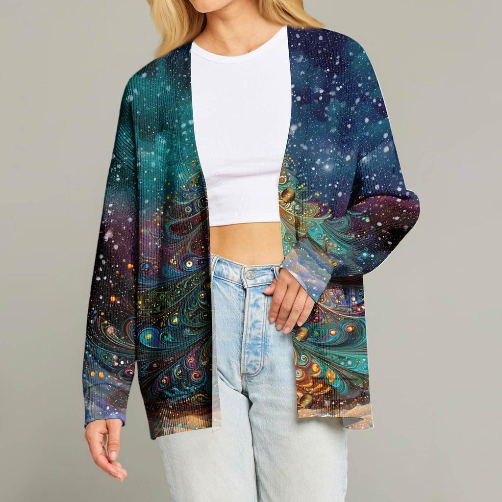 Women's Fashion Long Sleeve Christmas Print V-Neck Button Loose Cardigan Top