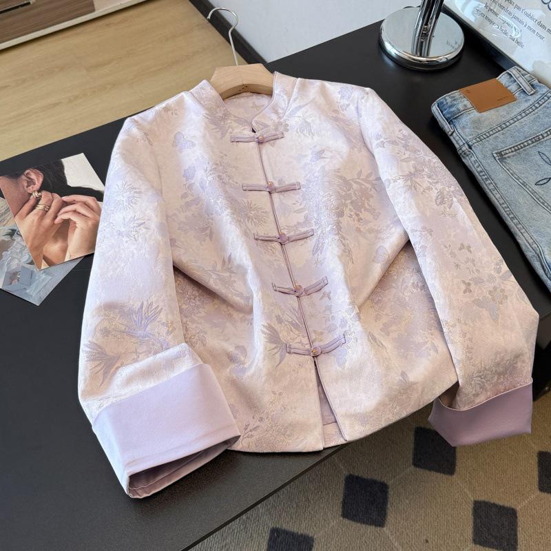 Silk Age-Reducing Frog Button Jacquard Top for Middle-Aged Women - Plus Size, Chinese Style, Spring/Autumn Outerwear