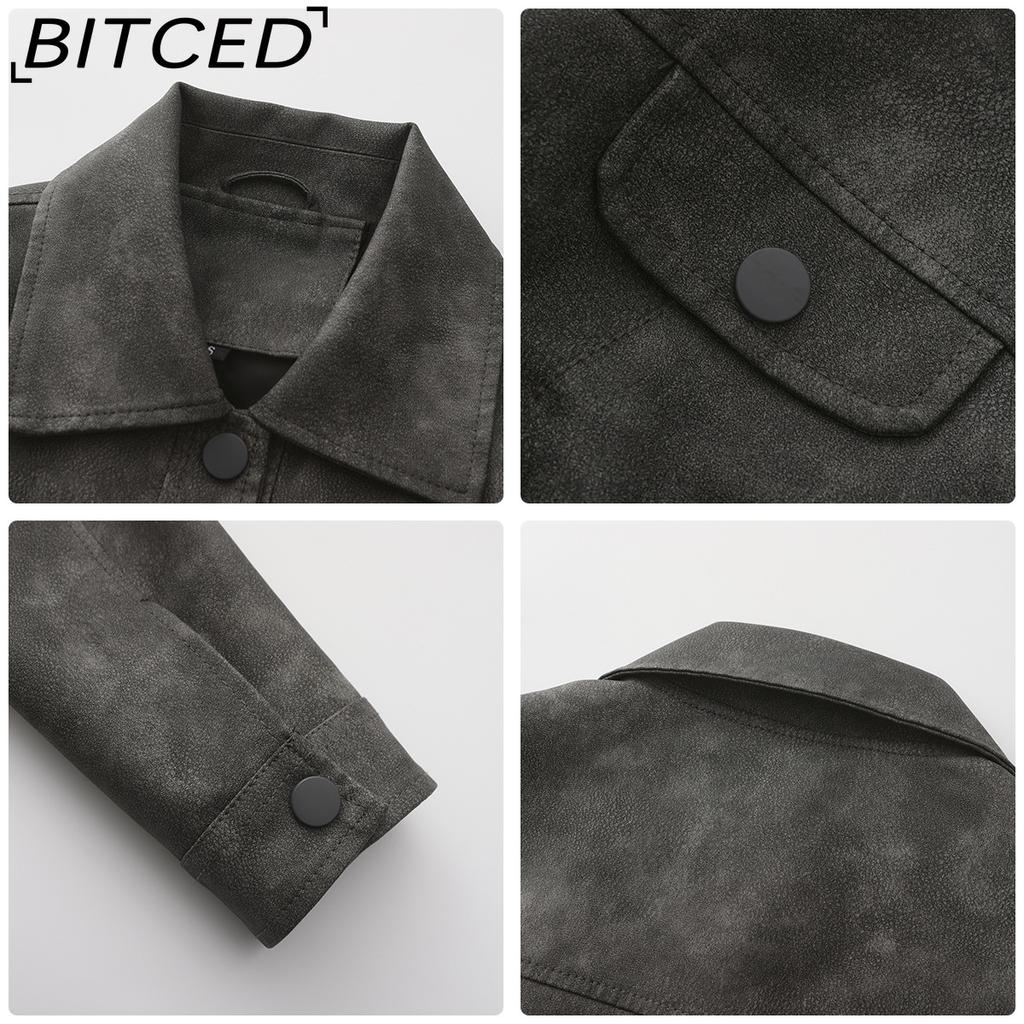 BITCED Spring/Autumn Lightweight Leather Jacket for Women Multi-Pocket Cardigan Style Casual Jacket Fashionable Trendy Everyday Outerwear