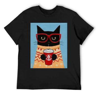 Black Cat In Sweater with Latte T-Shirt Tshirts Personalised Funny Shirt Cotton Summer Clothes T Shirts for Men Pack