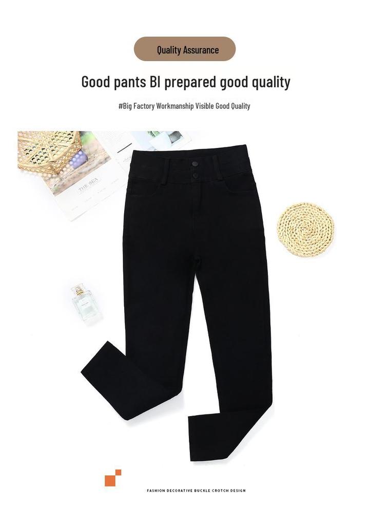 Plus Size High Waist Slim Fit Elastic Denim Pants with Zippers and Double Buttons for Women