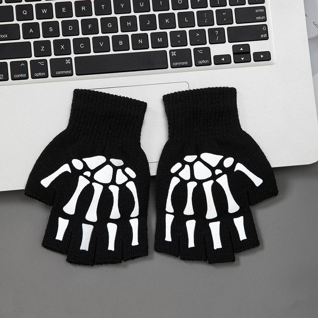 Boys' Halloween decorative warm gloves Fall and Winter split fingers open-fingered knit gloves Fashion skull hand pattern gloves