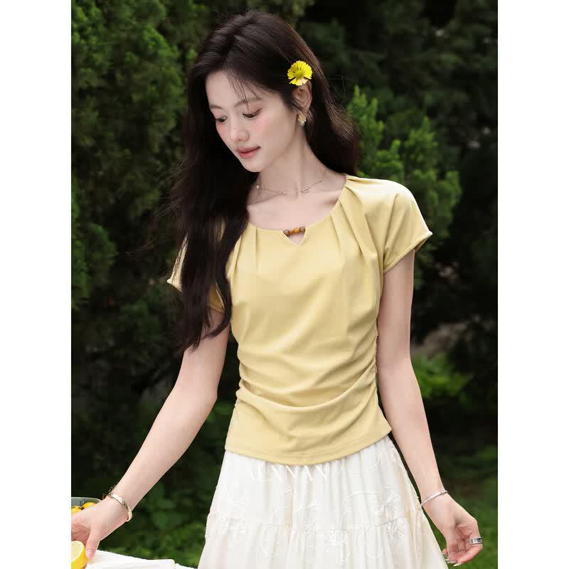 Women s Milk Yellow Waist-Cinching Short Sleeve T-shirt S